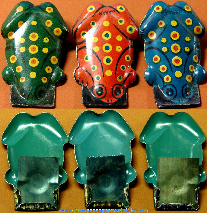 (3) Different Old Cracker Jack Pop Corn Confection Lithographed Tin Toy Prize Frog Clickers