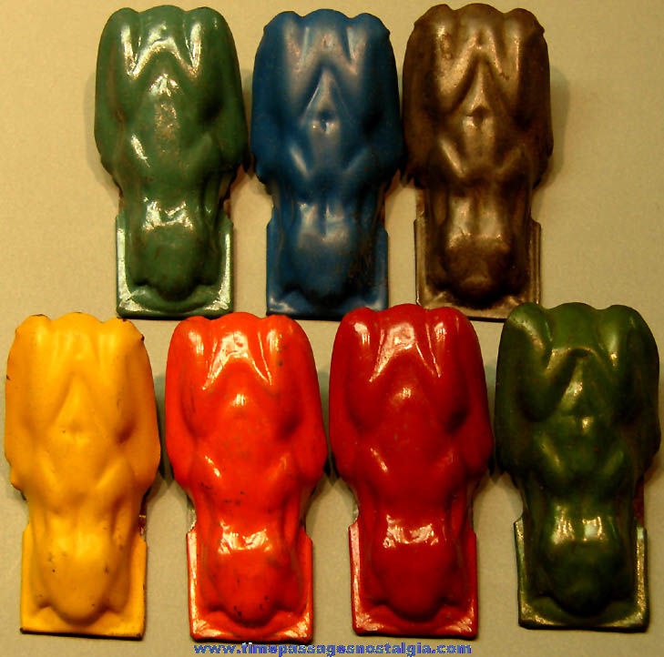 (7) Different Old Cracker Jack Pop Corn Confection Painted Embossed Tin Toy Prize Frog Clickers
