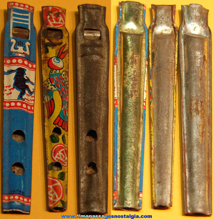 (3) Different Old Cracker Jack Pop Corn Confection Tin Toy Prize Flute Whistles