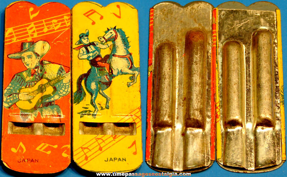 (2) Different Colorful Old Cracker Jack Pop Corn Confection Lithographed Tin Toy Prize Two Tone Cowboy Whistles