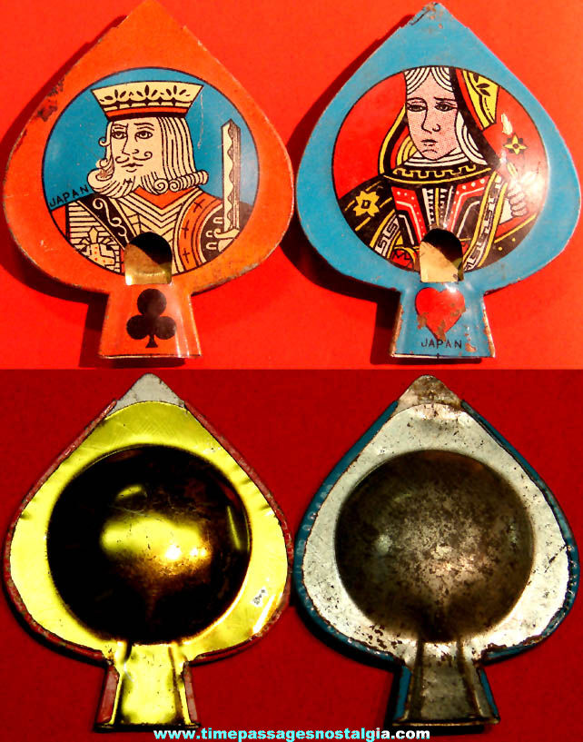 (2) Different Colorful Old Cracker Jack Pop Corn Confection Lithographed Tin Toy Prize Playing Card Whistles