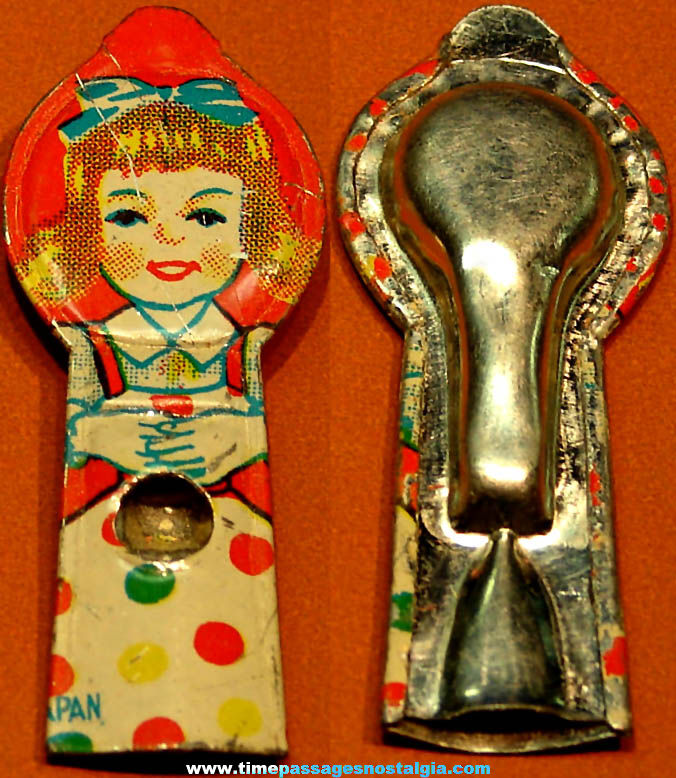 Colorful Old Cracker Jack Pop Corn Confection Lithographed Tin Toy Prize Girl Whistle