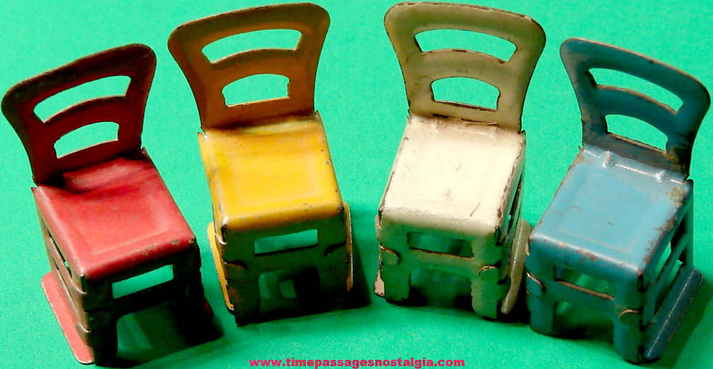 (4) Different Color 1920s Cracker Jack Pop Corn Confection Miniature Tin Toy Prize Chairs