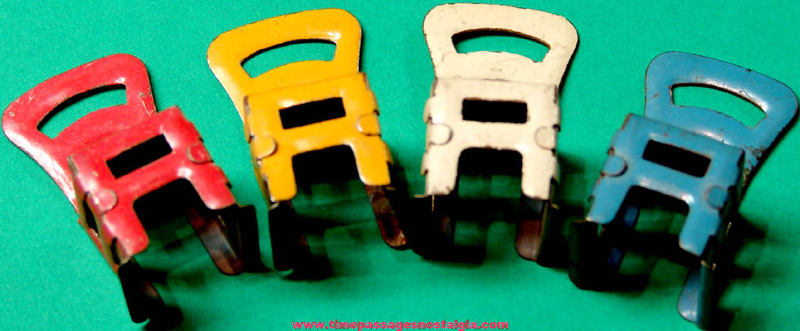 (4) Different Color 1920s Cracker Jack Pop Corn Confection Miniature Tin Toy Prize Chairs