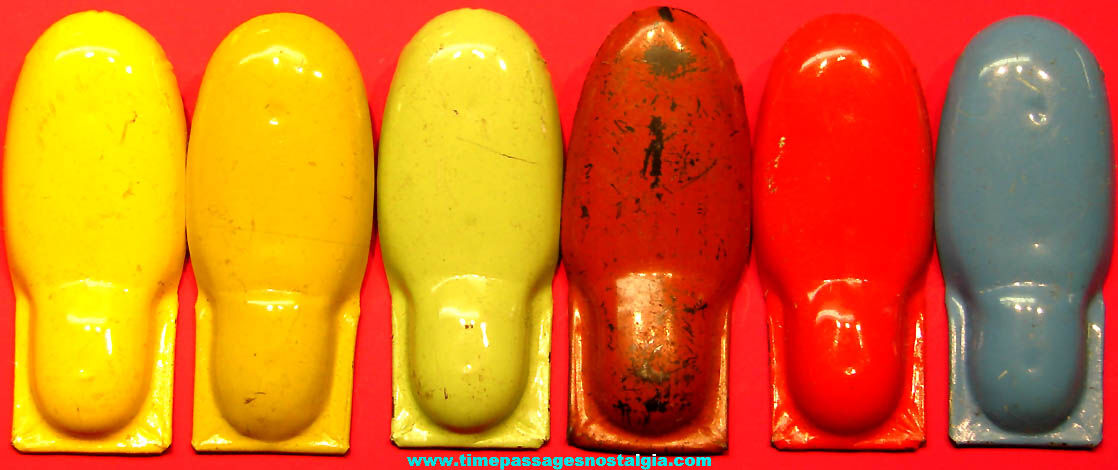(6) Colorful Old Cracker Jack Pop Corn Confection Painted Tin Toy Prize Clickers