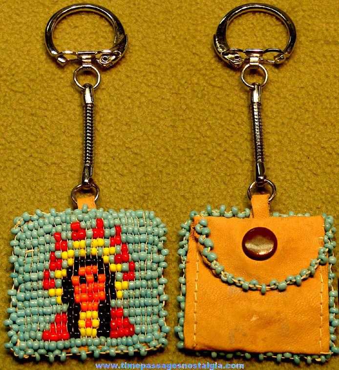 Colorful Small Old Native American Indian Beadwork Leather Change Purse Key Chain