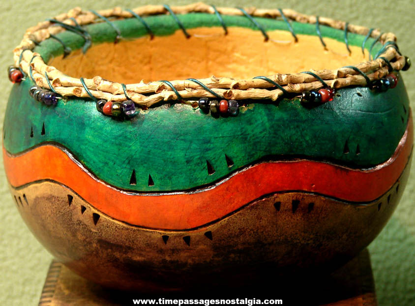 Colorful Small Old Carved Painted and Beaded Gourd Basket or Bowl