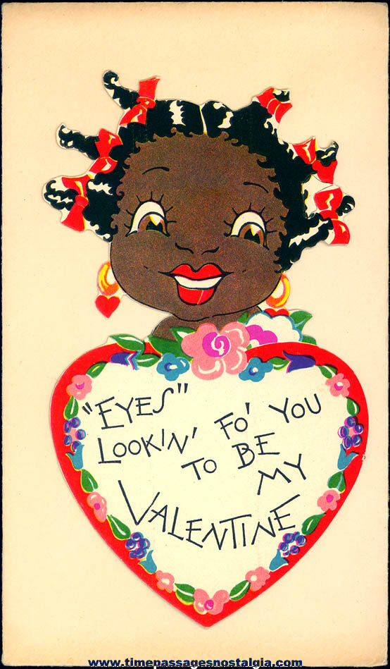Colorful Old Unused Black Girl Valentines Day Holiday Greeting Card with Envelope