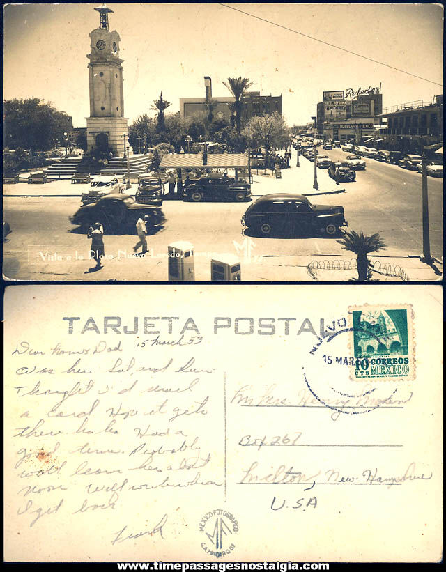 1953 Vista a la Plaza Nueva Laredo Tomps Mexico Real Photo Post Card