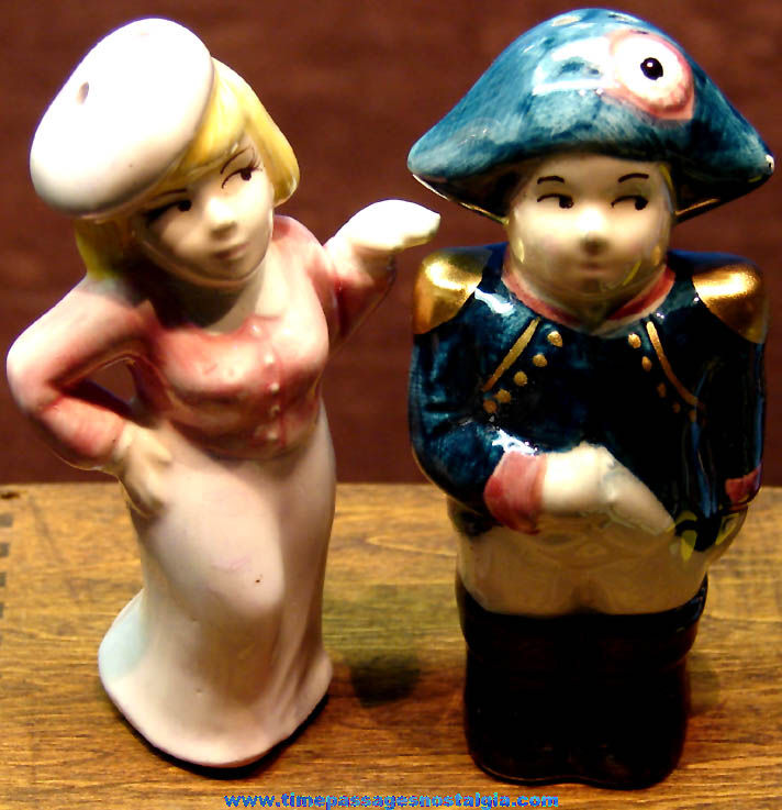 Unused Napoleon & Blonde Woman Porcelain or Ceramic Salt & Pepper Shaker Figure Set