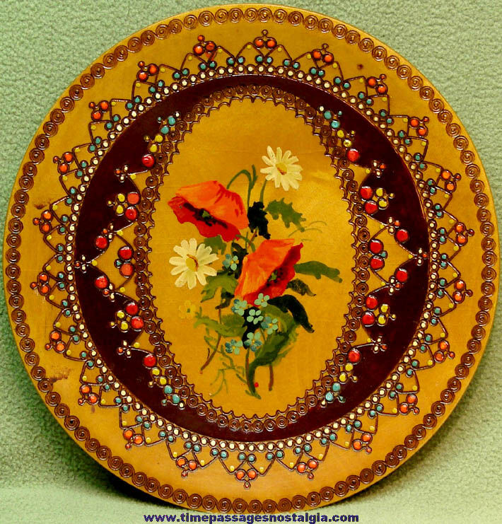 Colorful Old Romanian Embossed and Hand Painted Wooden Souvenir Wall Hanging Plate