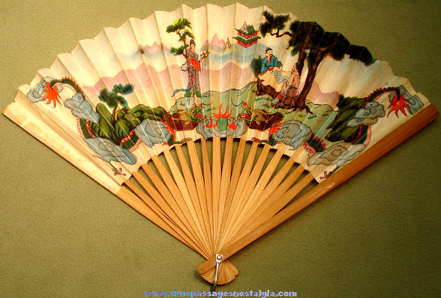 Colorful Old Scenic Taiwanese Paper and Wood Hand Fan