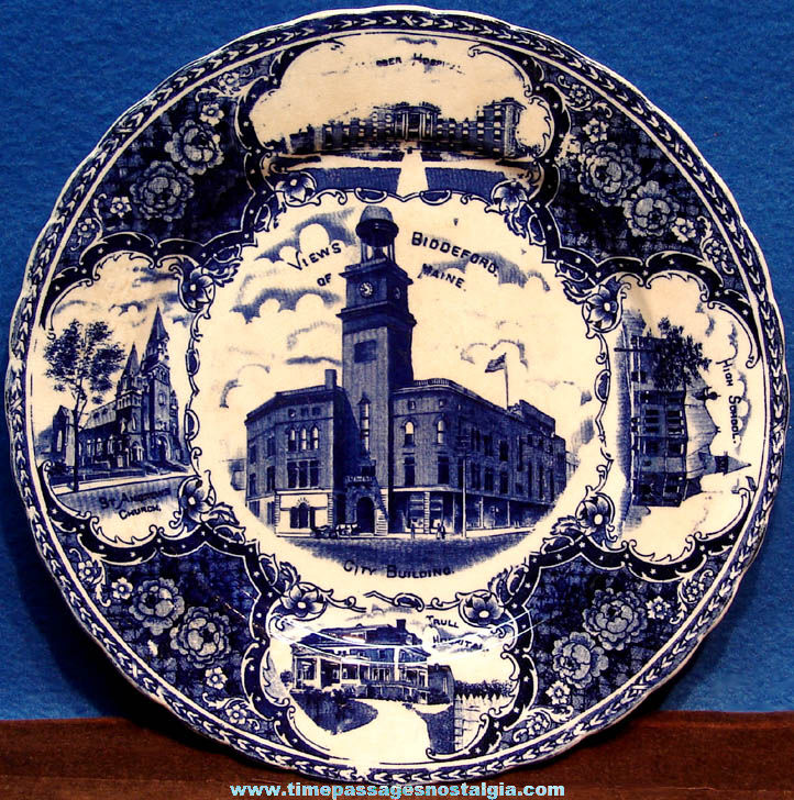 1913 Biddeford Maine Advertising Souvenir British Flow Blue China Plate