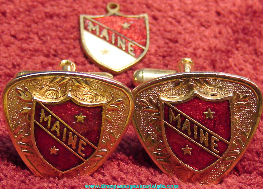 Old Maine State Advertising Enameled Jewelry Cuff Link Set and Pendant Charm