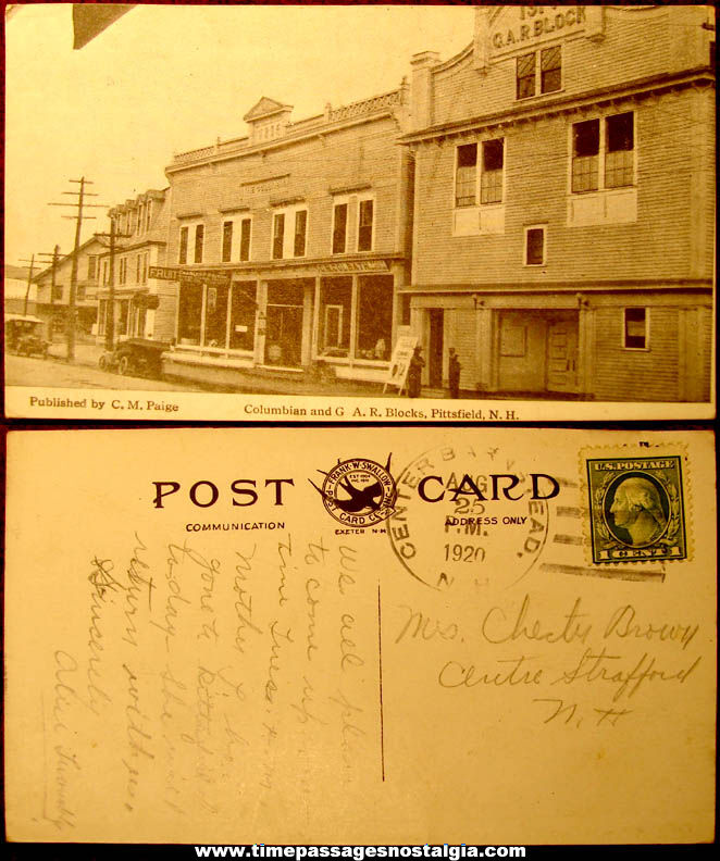 1920 Pittsfield New Hampshire Columbian & G.A.R Block Post Card