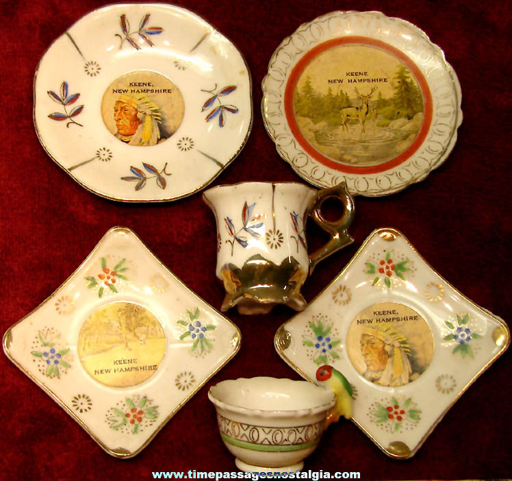 (6) Old Keene New Hampshire Advertising Souvenir Miniature Porcelain Tea Cups & Saucer Plates