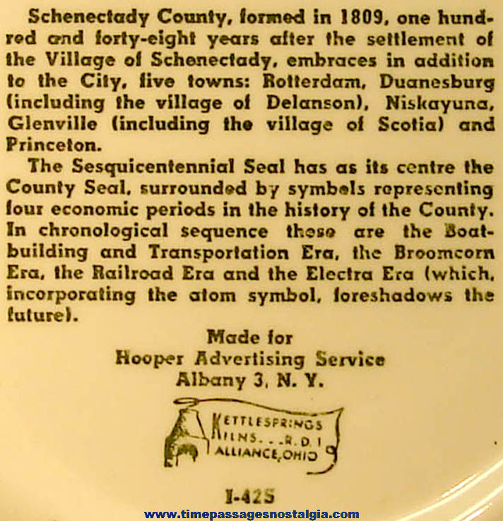 1959 Schenectady County New York Sesquicentennial Advertising Souvenir Ceramic or China Plate