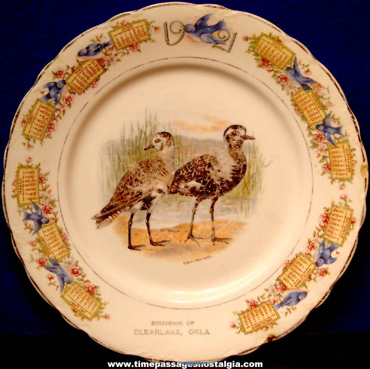 1921 Clearlake Oklahoma Advertising Souvenir Porcelain or Ceramic Calendar Bird Plate