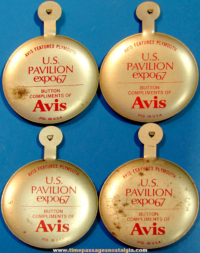 (4) 1967 Montreal Canada Exposition Avis Auto Rental Advertising Souvenir Tin Tab Buttons