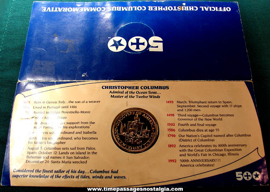 1992 Official Christopher Columbus 500th Anniversary Commemorative Medal Token Coin with Folder