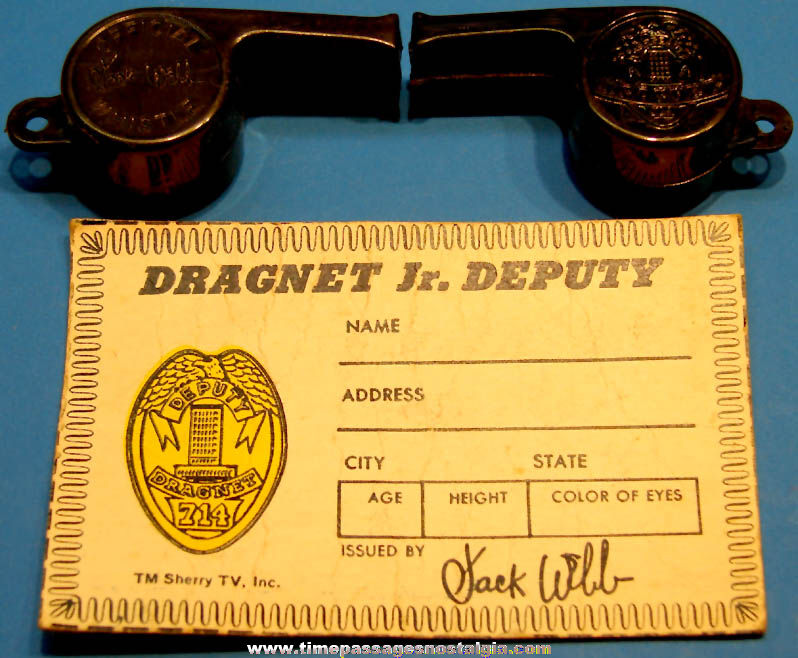 1955 Kelloggs Corn Flakes Cereal Jack Webb Dragnet Police ID Card and (2) Toy Whistles