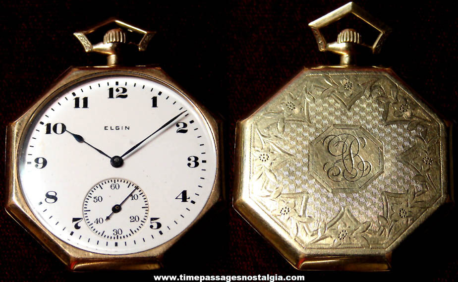 Working 1920 Elgin National Watch Company Octagon Shaped Pocket Watch with Monogram