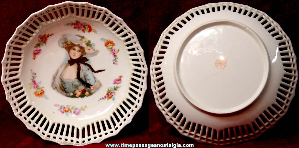 Colorful Old Victorian Lady & Roses Pierced German Porcelain Bowl