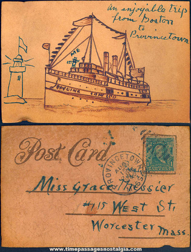 1906 Boston to Provincetown Steamship Ship Advertising Souvenir Leather Post Card