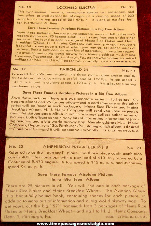 (3) Different 1930s H. J. Heinz Cereal Advertising Premium Famous Airplane Pictures Non Sports Trading Cards