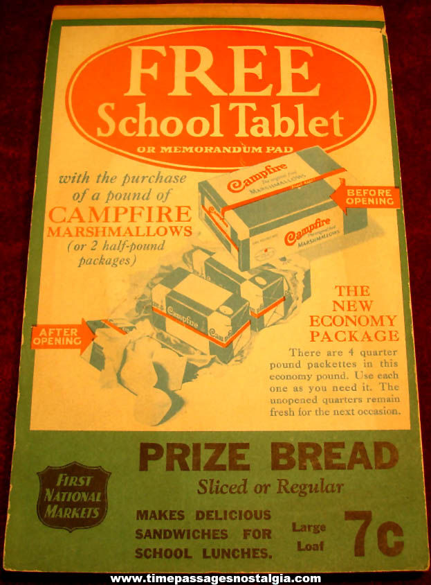 1930s Campfire Marshmallows Advertising In Store Premium School or Memorandum Tablet