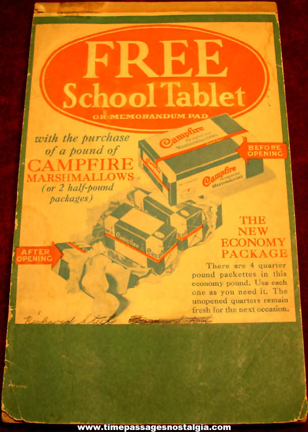 1930s Campfire Marshmallows Advertising In Store Premium School or Memorandum Tablet