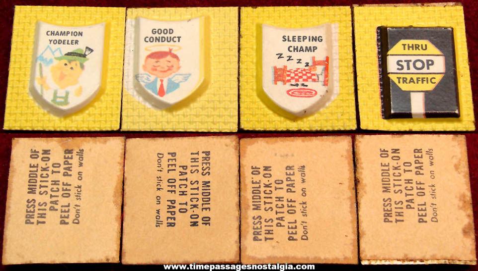 (4) Different Scarce Unused 1968 Cracker Jack Pop Corn Confection Jive Patch Plastic Vacuform Sticker Prizes