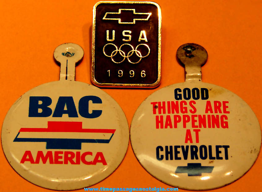 (3) Different Old Chevrolet Automobile Advertising Tin Tab Buttons and Olympic Pin