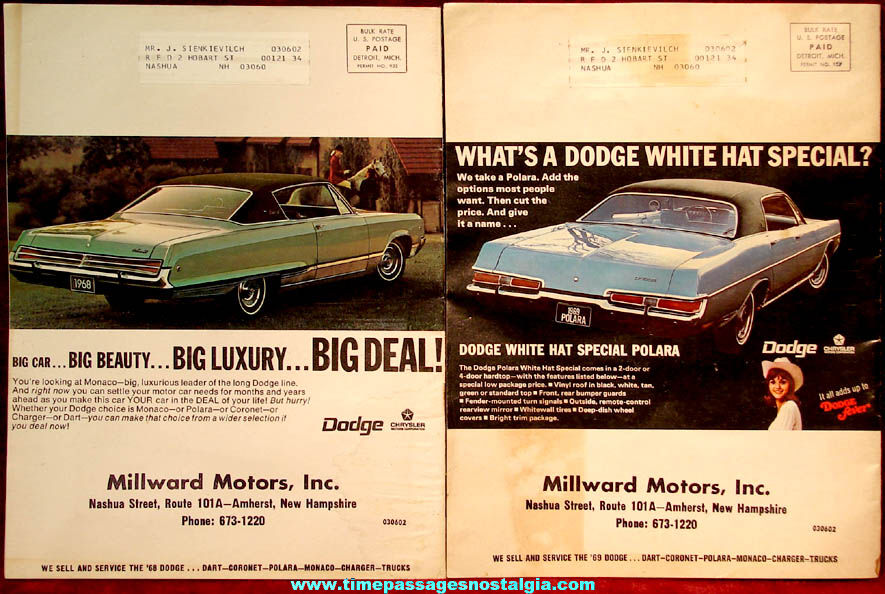 (2) Different 1968 - 1969 Dodge Automobile Advertising News Magazines
