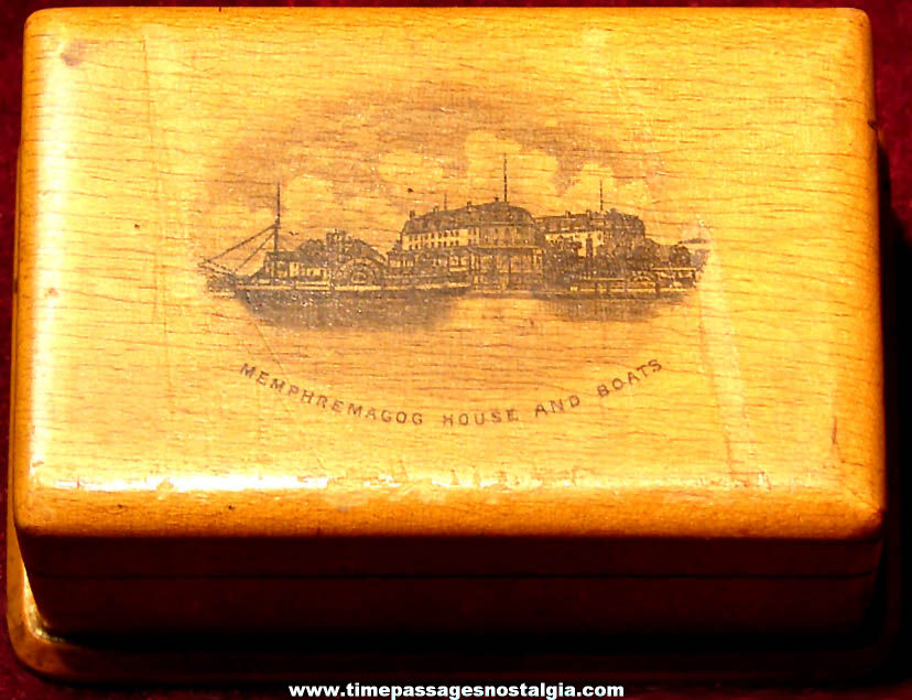 Old Memphremagog House & Boats Newport Vermont Advertising Souvenir Wooden Postage Stamp Box
