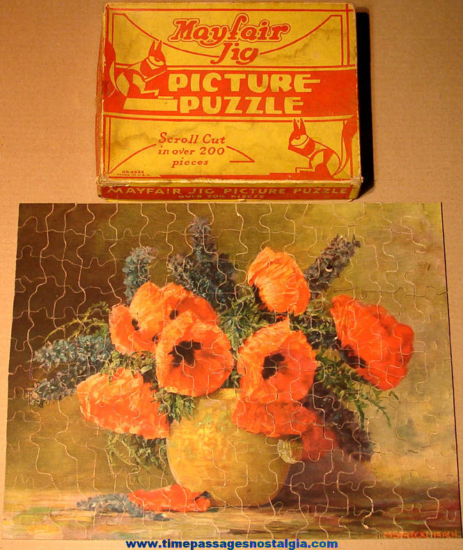 Old Boxed Poppies and Larkspur Flowers Scroll Cut Mayfair Jig Picture Puzzle