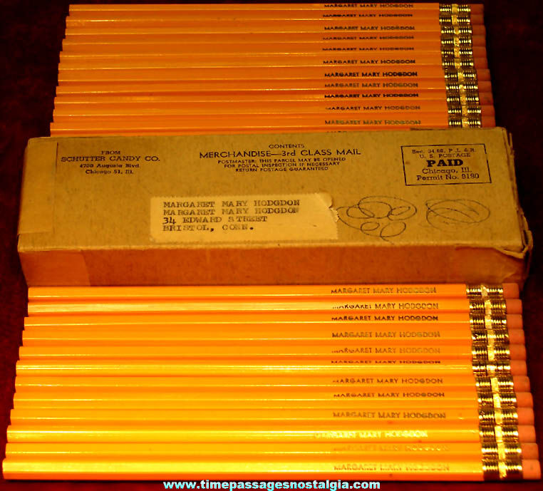 (24) Old Unused Schutter Candy Company Advertising Premium Imprinted Pencils With Mailer Box
