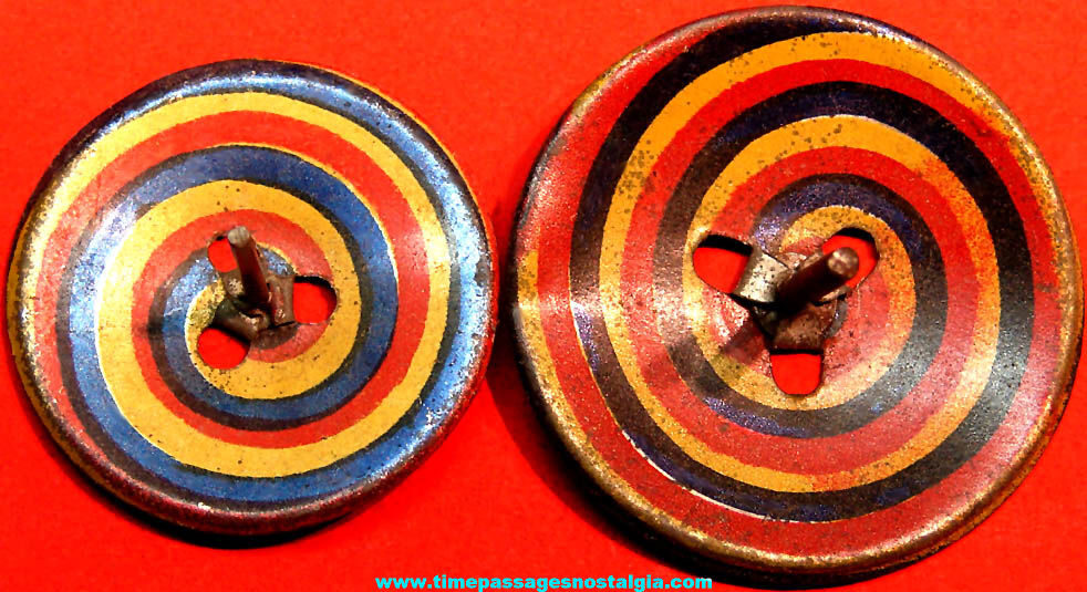 (2) Colorful 1930s Cracker Jack Pop Corn Confection Miniature Lithographed Tin Metal Toy Prize Spinner Tops