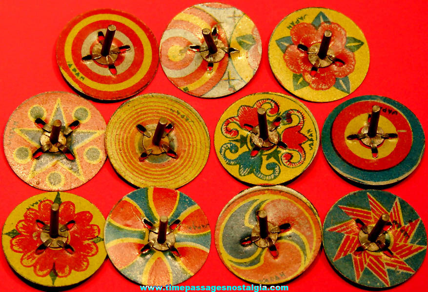 (11) Different 1930s Cracker Jack Pop Corn Confection Miniature Lithographed Tin Metal Toy Prize Spinner Tops