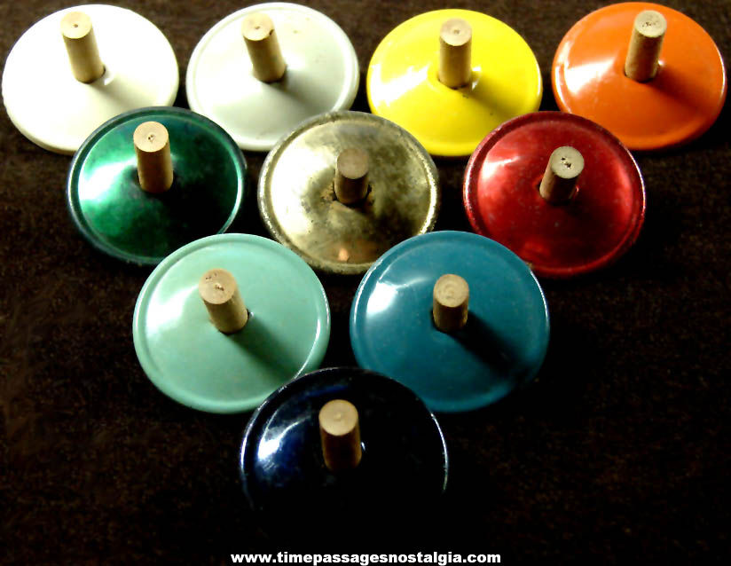 (10) Different Color 1930s Cracker Jack Pop Corn Confection Miniature Tin Metal Toy Prize Spinner Tops