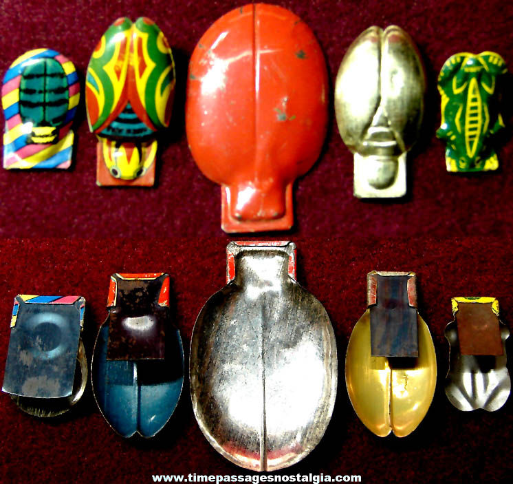 (5) Small Old Cracker Jack Pop Corn Confection Embossed & Lithographed Tin Metal Toy Prize Bug & Frog Clicker Noisemakers