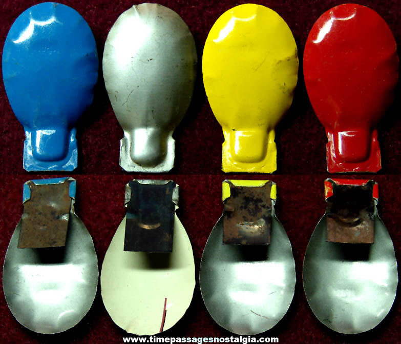 (4) Small Colorful 1930s Cracker Jack Pop Corn Confection Painted Tin Metal Toy Prize Clicker Noisemakers