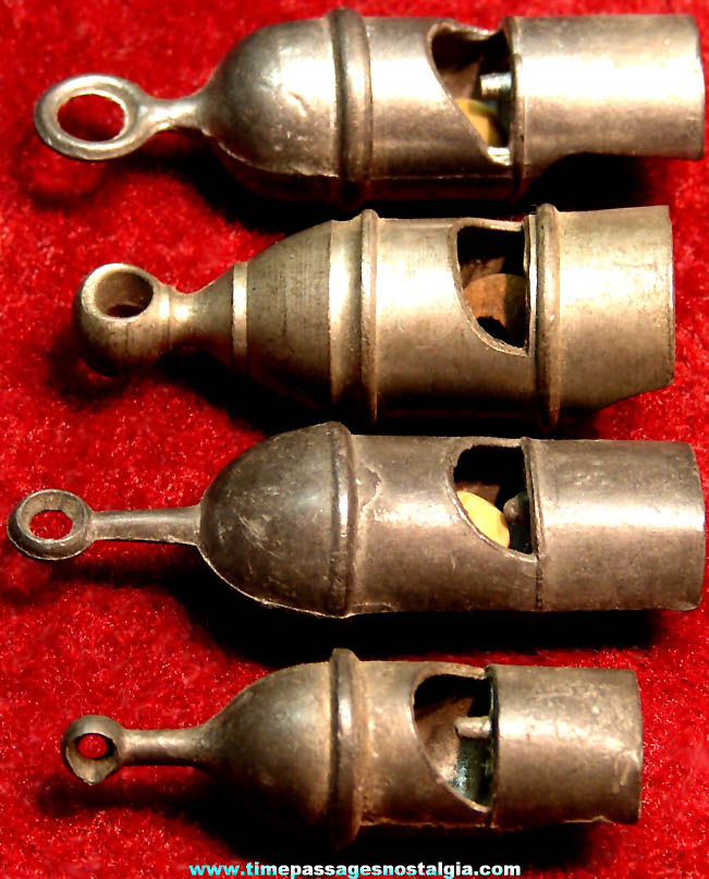 (4) Different Old Cracker Jack Pop Corn Confection Lead or Pot Metal Toy Prize Whistles