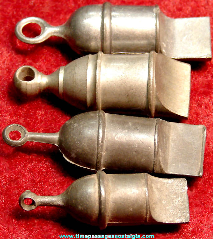 (4) Different Old Cracker Jack Pop Corn Confection Lead or Pot Metal Toy Prize Whistles
