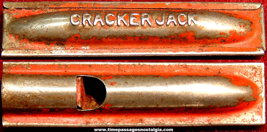 1930s Cracker Jack Pop Corn Confection Embossed Tin Toy Prize Red Tube Whistle