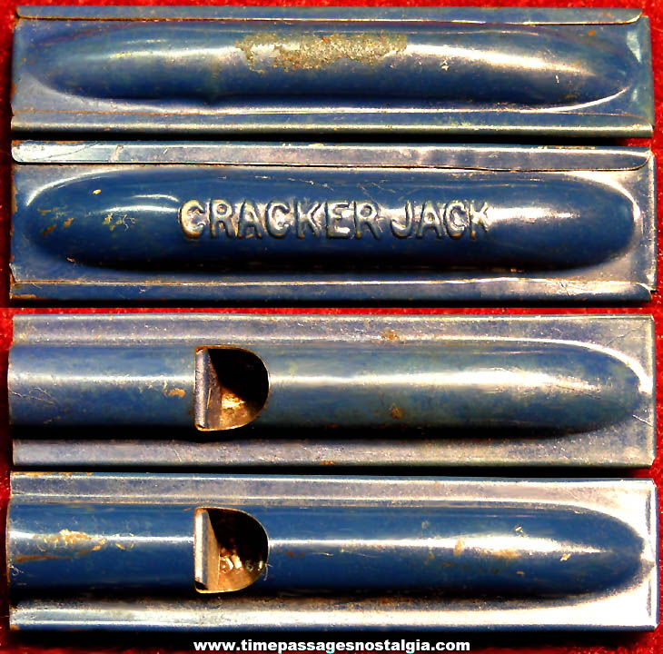 (2) 1930s Cracker Jack Pop Corn Confection Tin Toy Prize Blue Tube Whistles