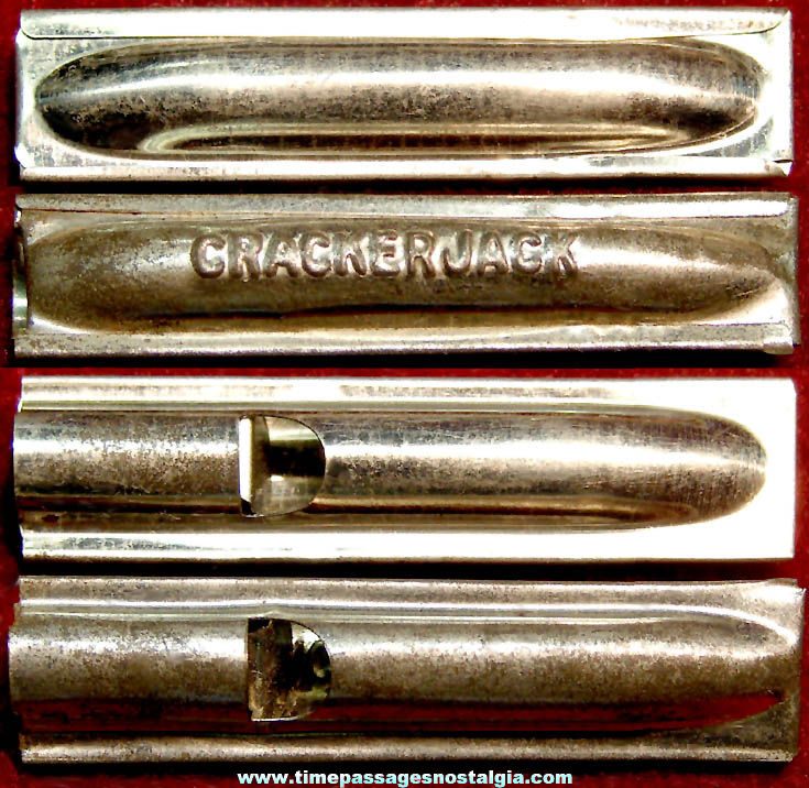 (2) 1930s Cracker Jack Pop Corn Confection Tin Toy Prize Silver Tube Whistles