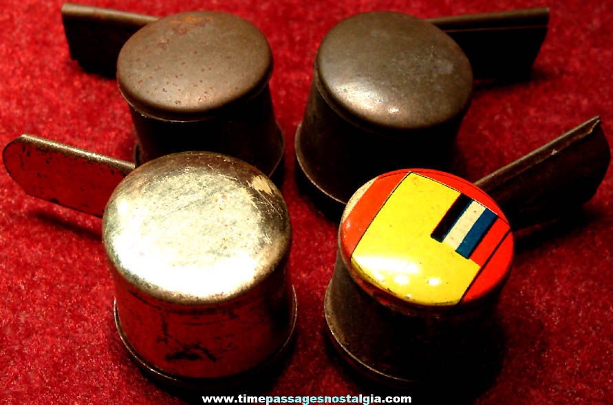 (4) 1930s Cracker Jack Pop Corn Confection Tin Metal Toy Prize Whistles