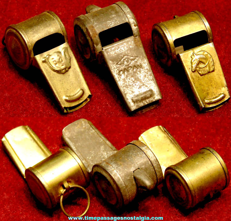 (3) 1930s Cracker Jack Pop Corn Confection Embossed Tin Metal Toy Prize Whistles