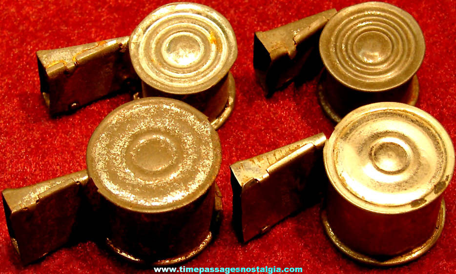 (4) 1930s Cracker Jack Pop Corn Confection Embossed Tin Metal Toy Prize Whistles